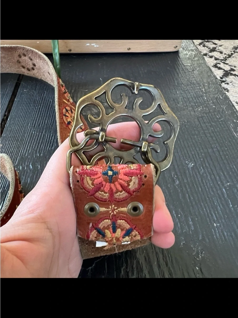 Lucky Brand Leather Embroidered Belt Brass Buckle Size L